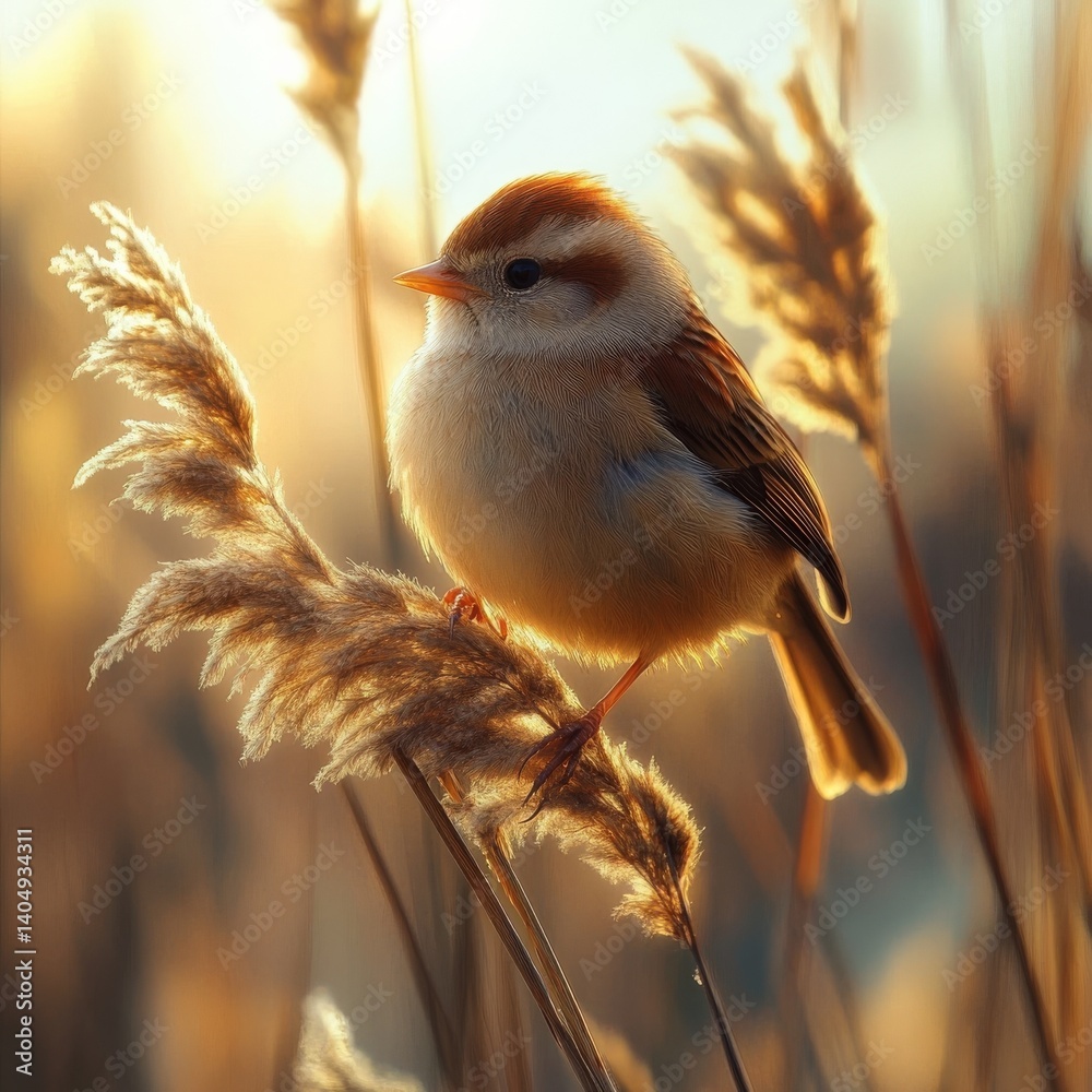 Cute bird on reed, lake backdrop.