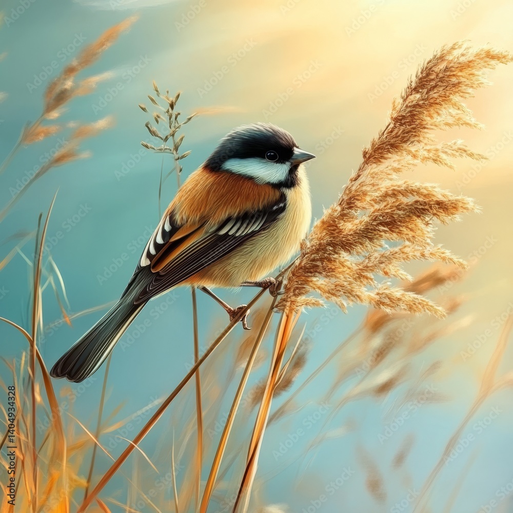 Bird on reed, lake scene.
