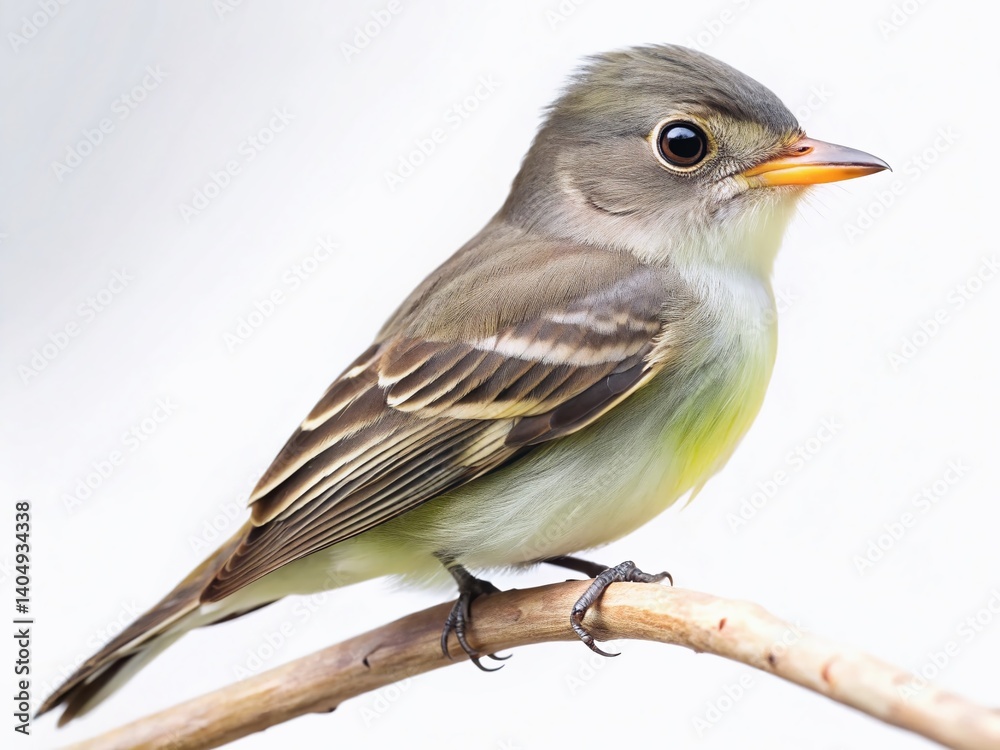 Fototapeta premium Acadian Flycatcher Bird Isolated on White Background - High-Resolution Stock Photo