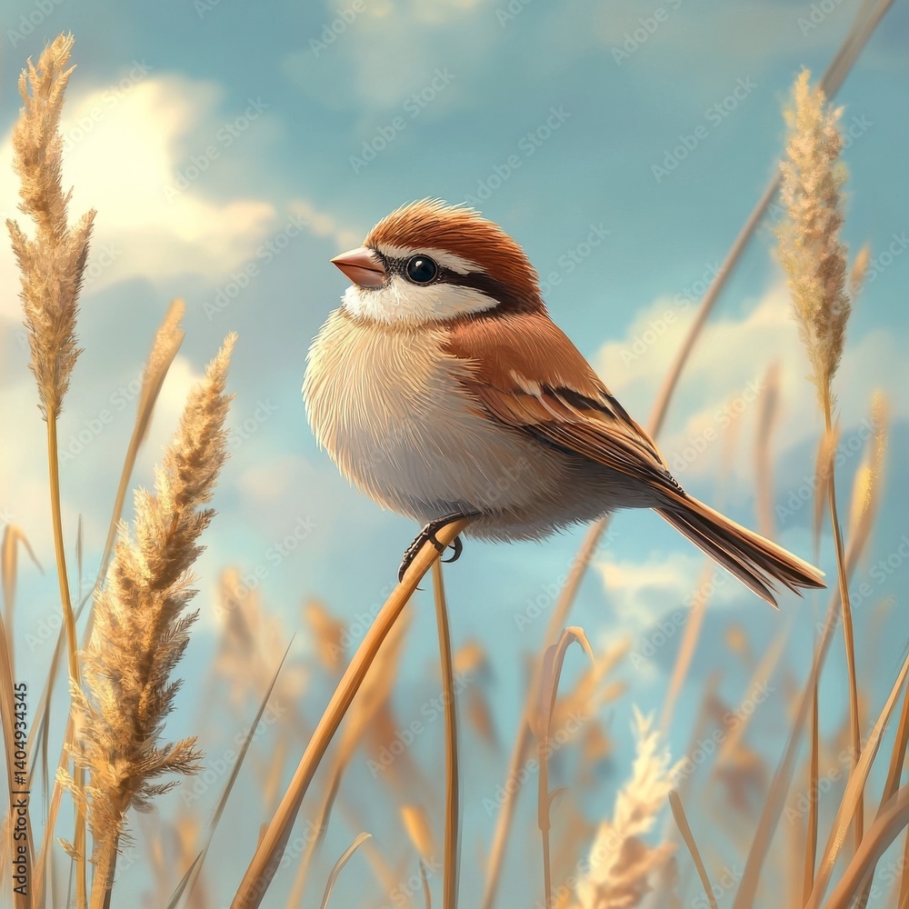 Cute bird, lake reed.