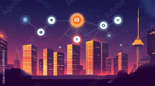 city, night, sky, vector, illustration, moon, skyline, building, urban, citys...