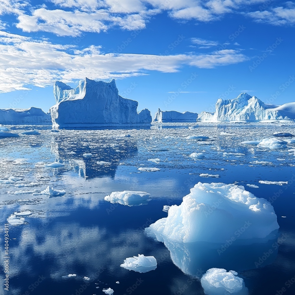 Varied icebergs populate polar areas.