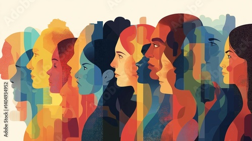Vibrant and colorful illustration of diverse people from various ethnicities,DEI theme strategy.