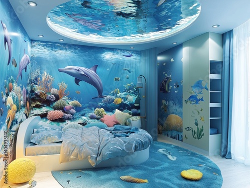 Underwater themed bedroom with dolphin and coral reef mural, ocean view ceiling, and blue shag rug to create a playful and immersive space. photo