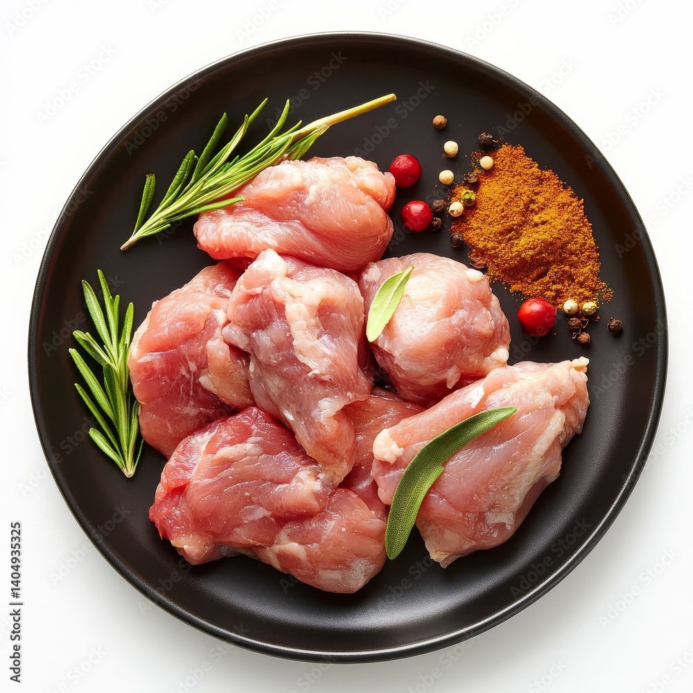 Spiced fresh chicken on plate.