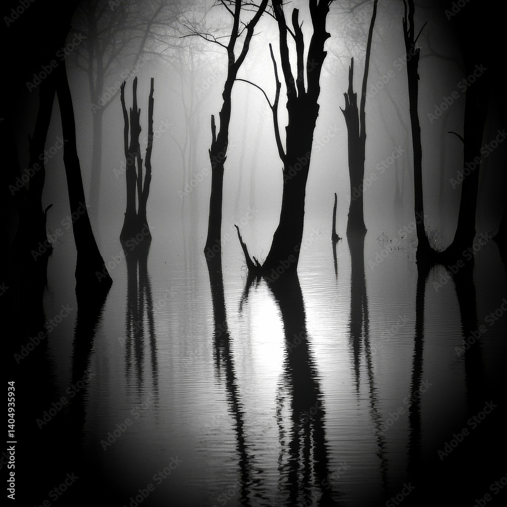 Lake: dead tree outlines.