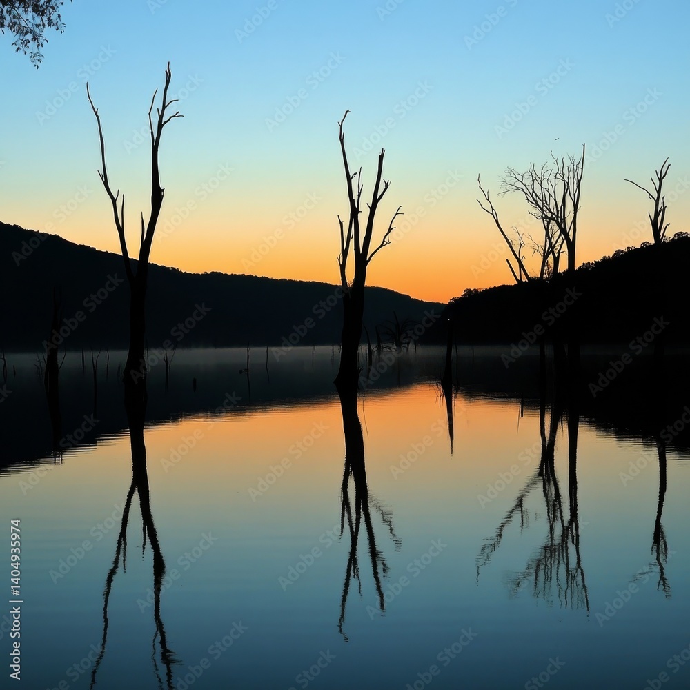 Still lake reflects dead trees.