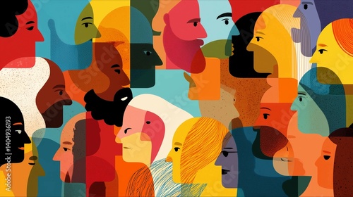 Vibrant and colorful illustration of diverse people from various ethnicities,DEI theme strategy.