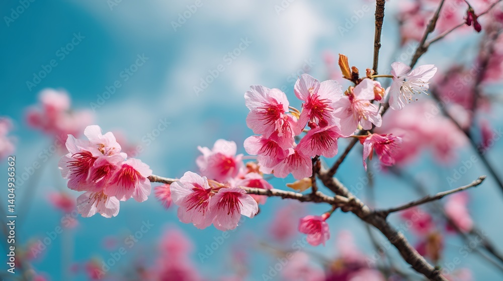 Pink cherry blossoms in full bloom against a vibrant blue sky. Delicate petals and branches create a stunning floral display Pink cherry blossoms in full bloom against a vibrant blue sky. Delicate petals and branches create a stunning floral display