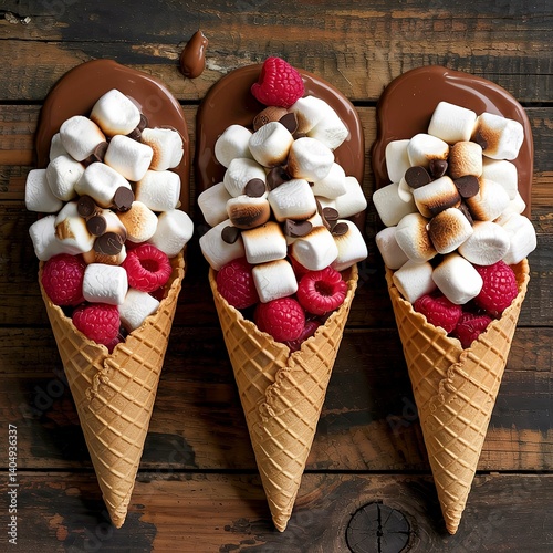 Ingrediens for smore's dessert in a waffle cone, marshmallows, raspberry and chocolate chips