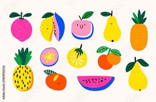 Whimsical Fruit Symphony: A collection of playfully illustrated fruits bursting with vibrant colors and joyful expressions, celebrating the delicious and refreshing essence of nature's bounty.