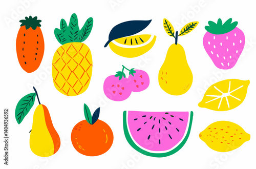 Vibrant Fruit Fiesta: A delightful array of hand-drawn fruits bursts with color and playful charm. This illustration captures the essence of freshness and the joy of healthy eating.