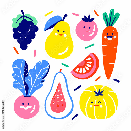Playful Fruits and Vegetables: A vibrant assortment of illustrated fruits and vegetables comes to life, showcasing cheerful expressions and playful designs, perfect for promoting healthy eating.