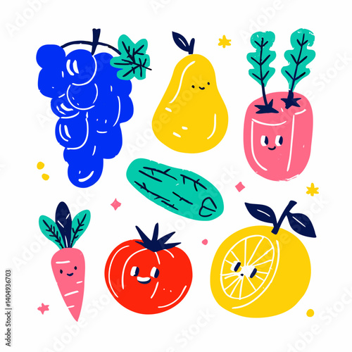 Whimsical Fruit and Vegetable Fiesta: A vibrant illustration showcases an array of cheerful, cartoonish fruits and vegetables, each with its own unique personality and color.