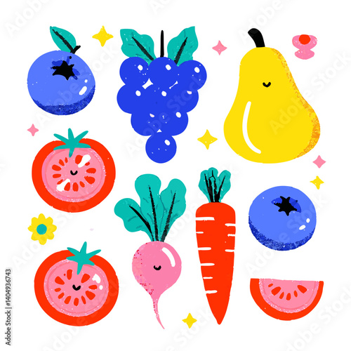 Colorful Fruit Collection: A vibrant array of fresh produce, including grapes, pear, tomato and blueberry, playfully arranged in a cheerful, inviting illustration.