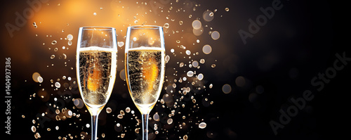 Celebratory glasses of sparkling beverage clinking together during a festive evening event in a beautifully lit setting