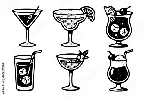 cocktail glass doodle cartoon drawing vector illustration set with Varied Poses and Expressions