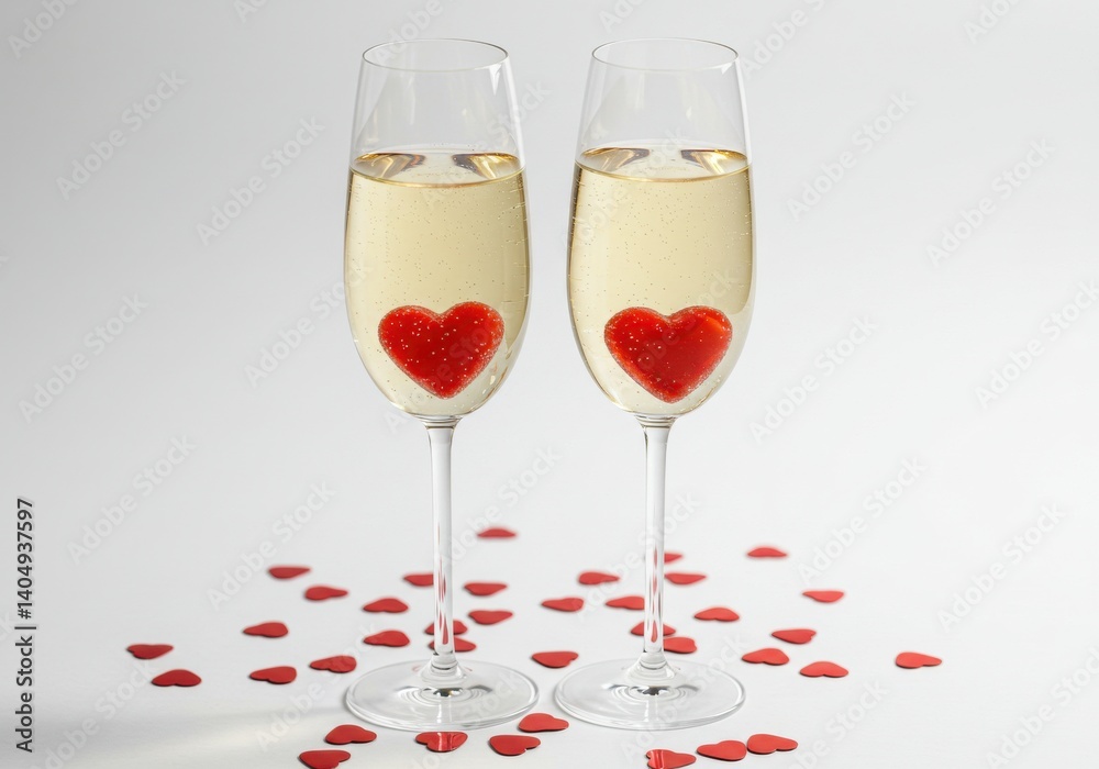 Two champagne flutes filled with bubbly liquid and red heart shaped candies on a white background Two champagne flutes filled with bubbly liquid and red heart shaped candies on a white background