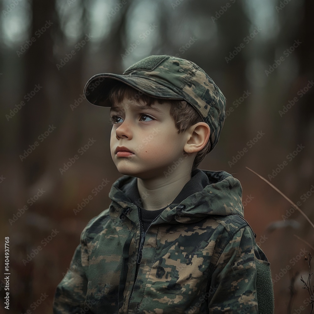 Camouflaged boy is sad outside.
