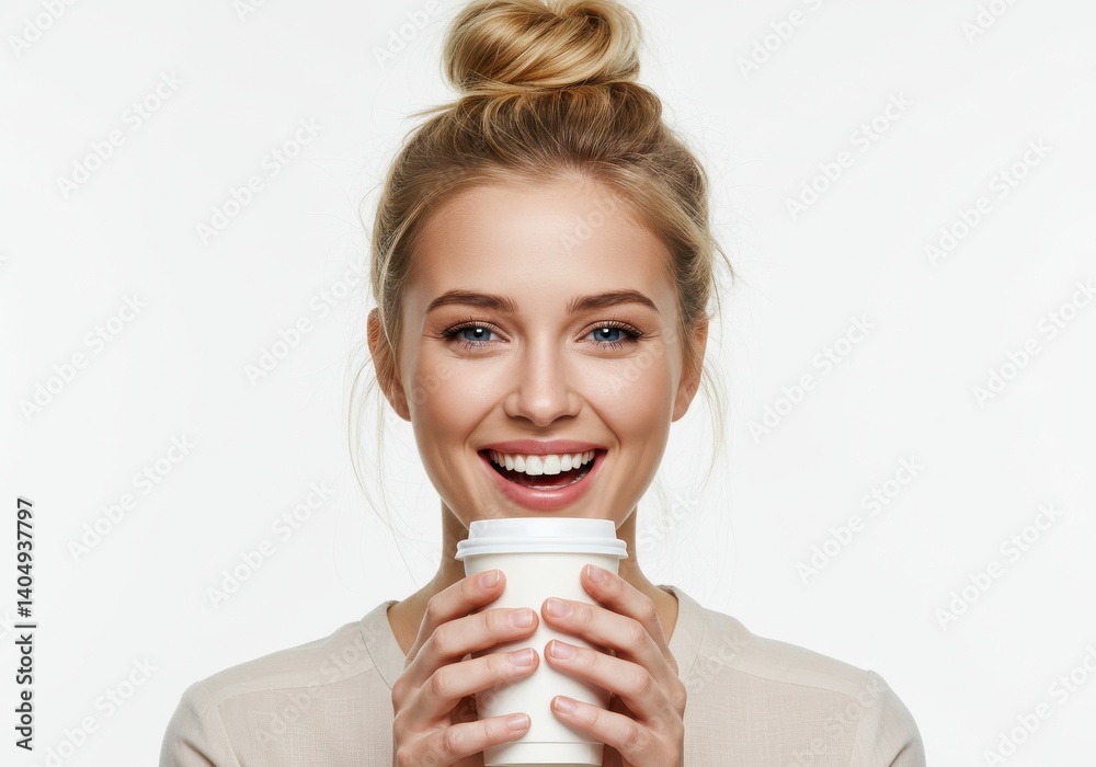 Portrait of a smiling woman with blonde hair in a bun holding a white coffee cup on white background Portrait of a smiling woman with blonde hair in a bun holding a white coffee cup on white background