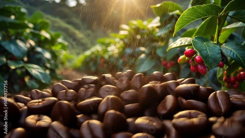 Coffee plantation with coffee green leaves and Coffee fruits and beans.  Colombian or Brazilian landscape with mountain range, trees, green hills at dawn in soft sun light. Scenic countryside nature.