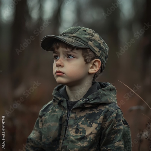 Camouflaged boy is sad outside.
