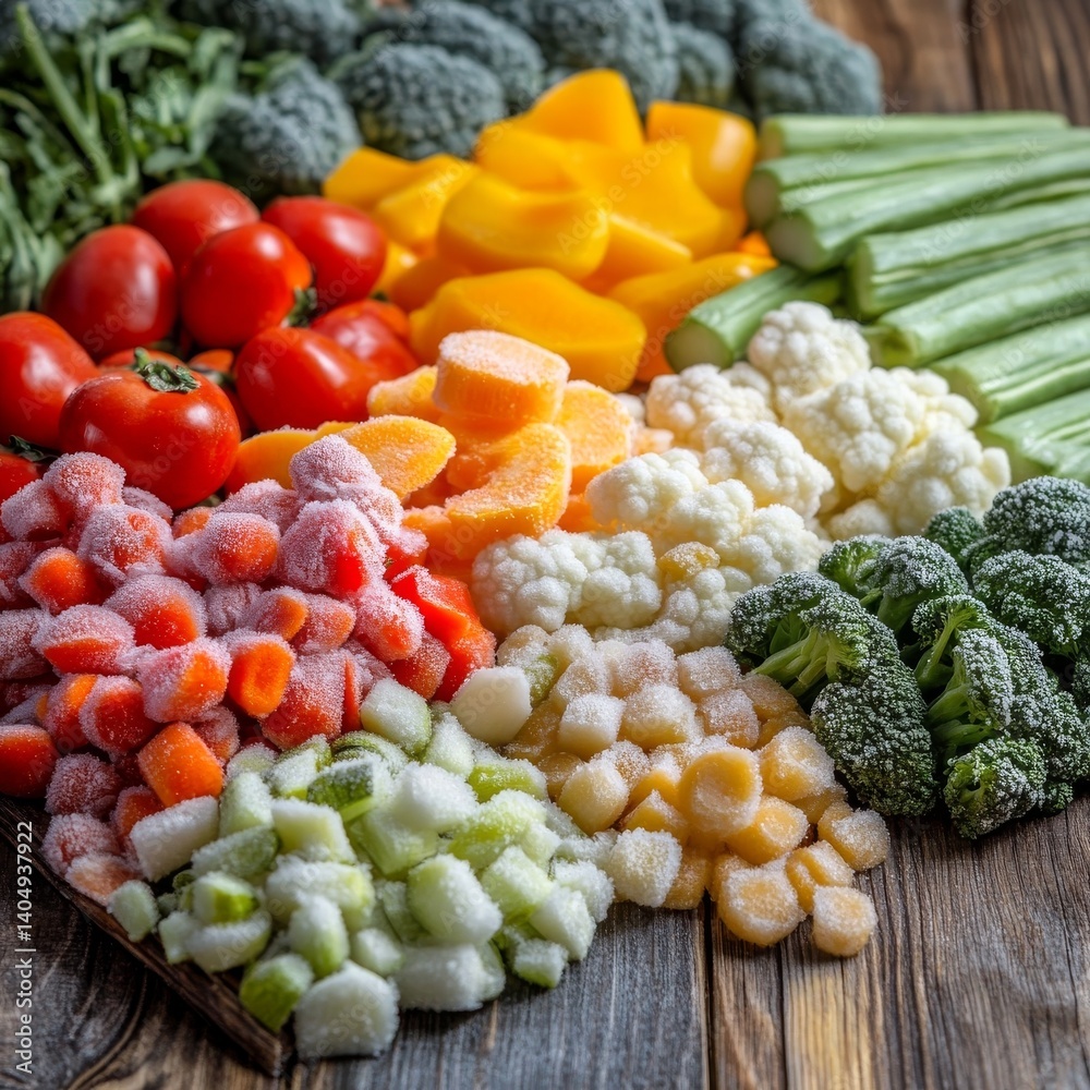 Frozen veggies on wood, studio shot.