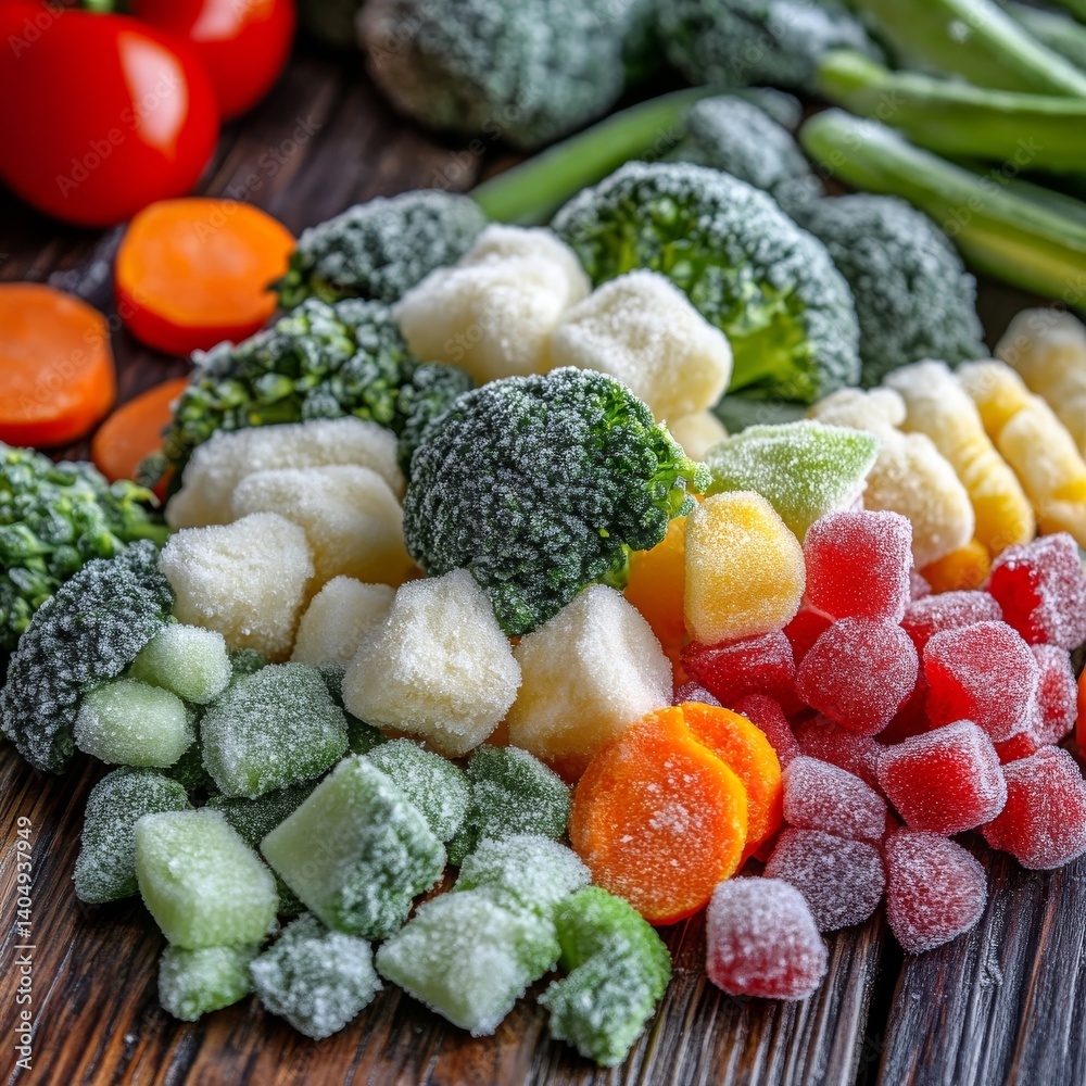Studio: frozen vegetables on wood.