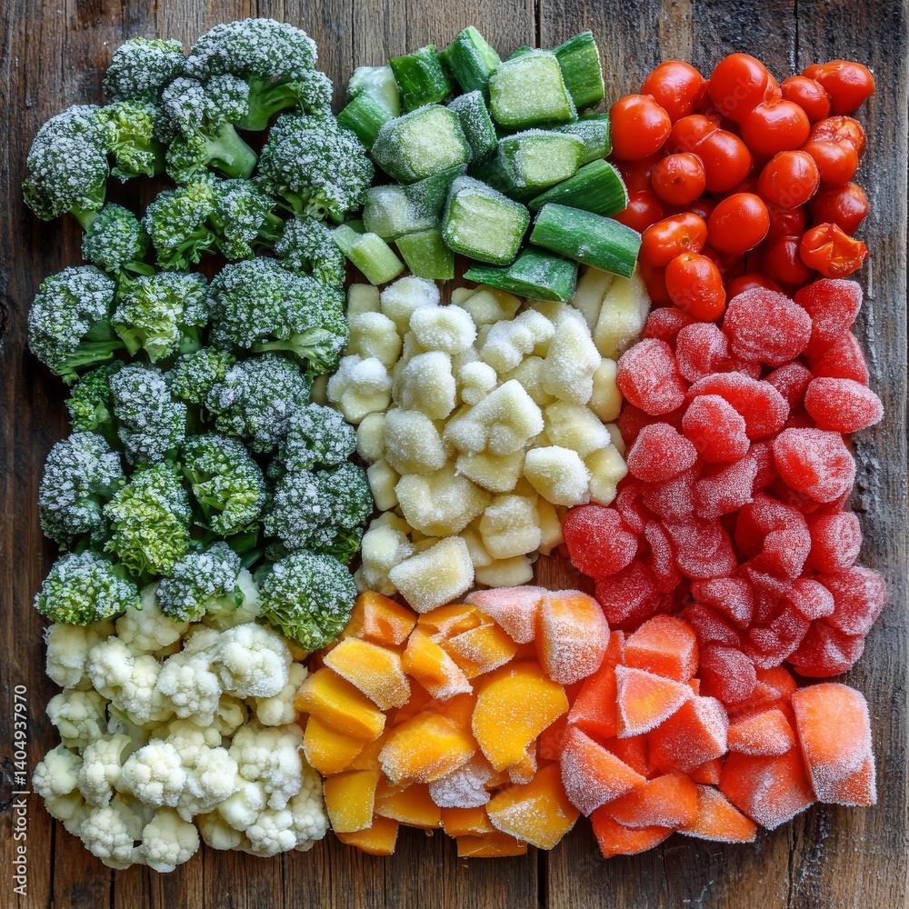 Wood background, frozen vegetables.