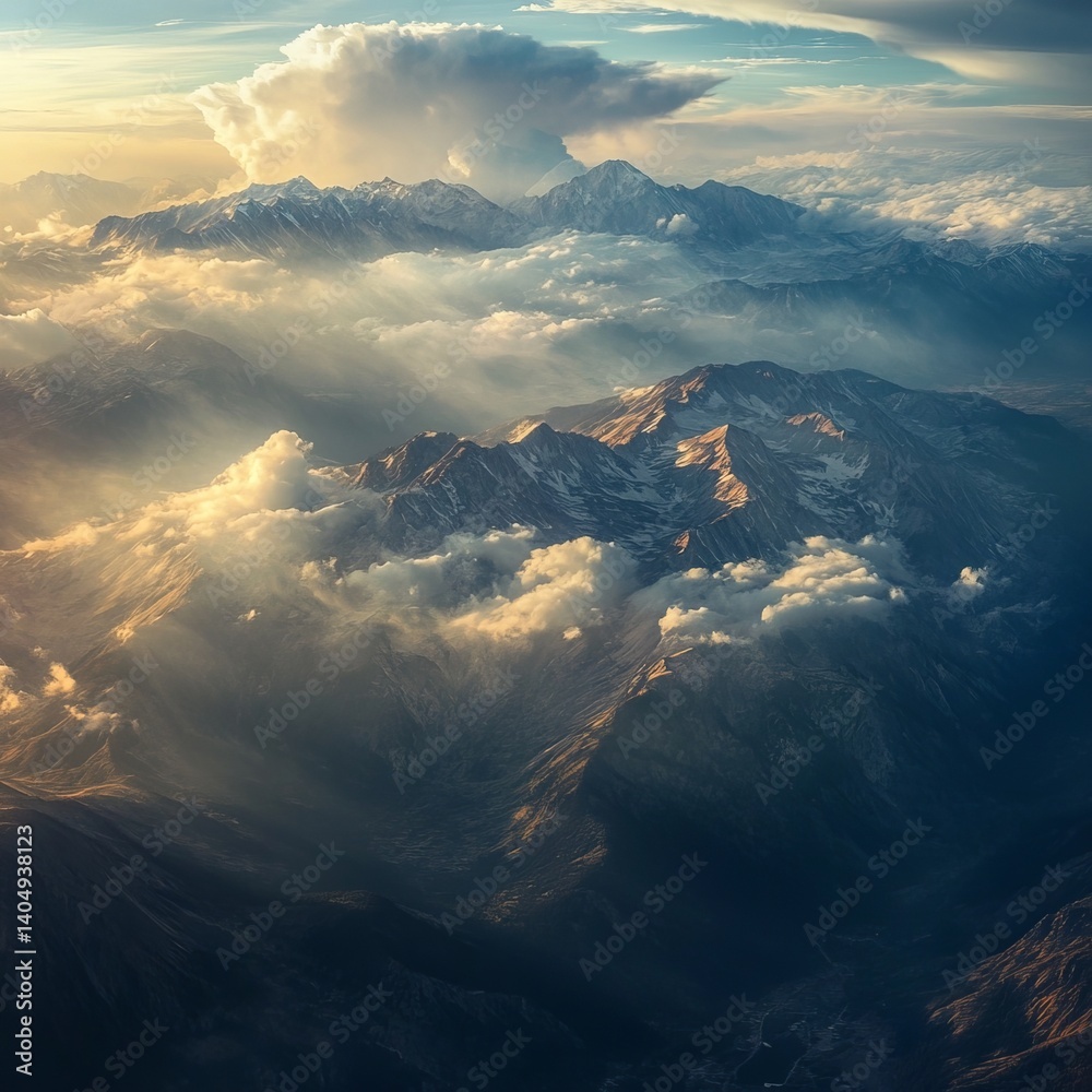 Sky, clouds, mountains from above.