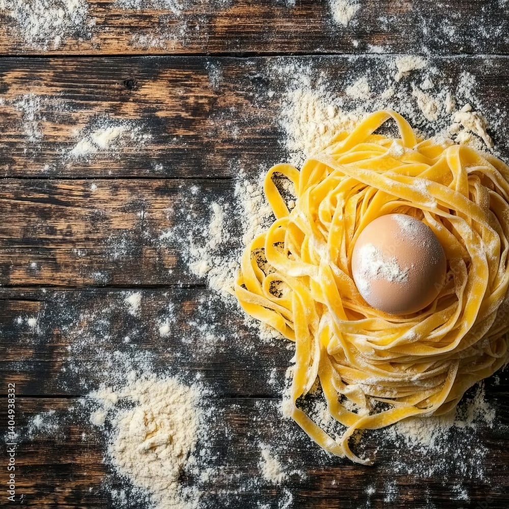 Fresh pasta, wooden background. Raw food. Flat lay, top view. Space for text.