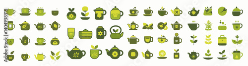 Tea Time Icon Set: A collection of 40 adorable and quirky icons depicting teapots, cups, leaves, and other tea-related elements, perfect for branding, websites, or mobile applications.