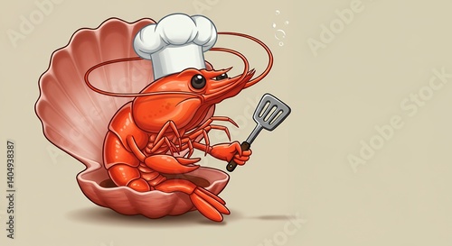 Cartoon Shrimp Chef in Seashell Holding Spatula