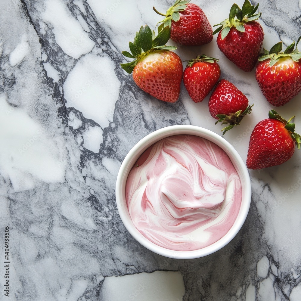 Strawberry yogurt on marble: delicious and healthy.