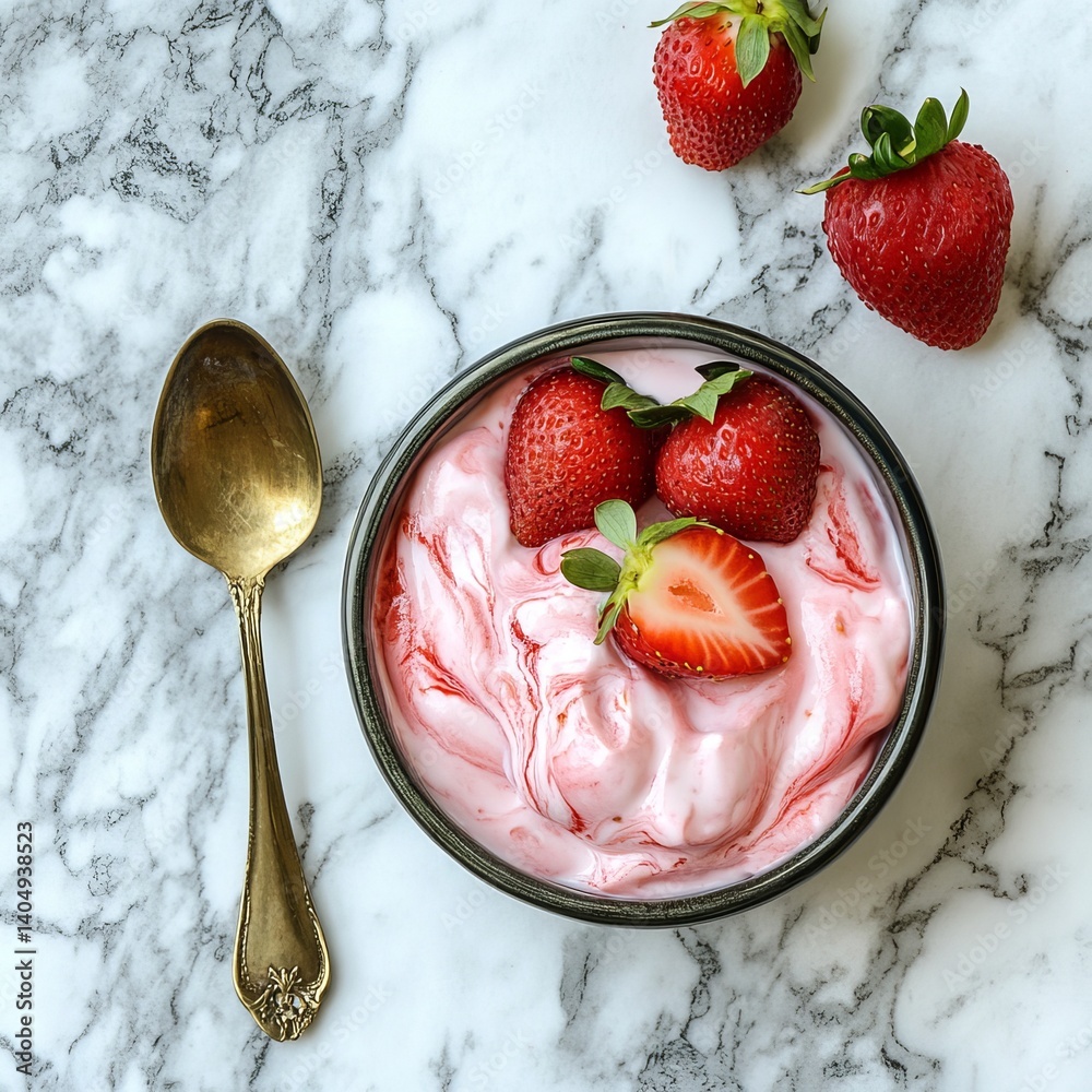 Delicious strawberry yogurt on marble.