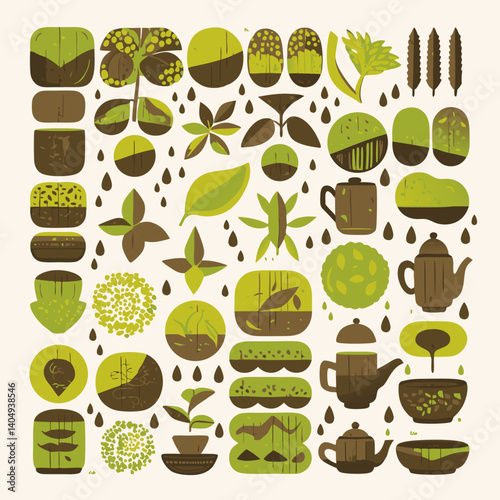 Green Tea Pattern: A playful, minimalist illustration showcasing various abstract shapes representing green tea elements. The pattern features a  tea pot, cups, leaves.
