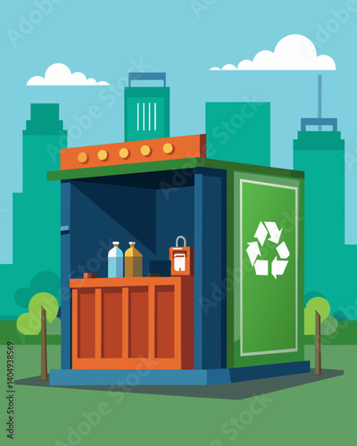 A shipping containerturnedrecycling station located in a busy urban area providing a convenient and easily accessible option for people to dispose of their waste properly.. Vector illustration