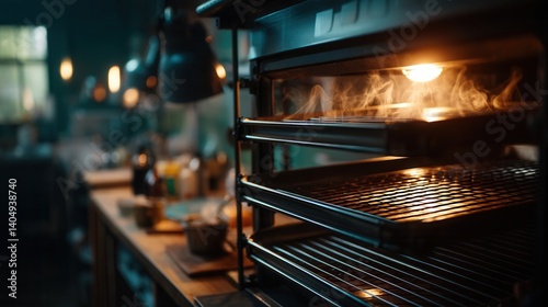 Cozy steaming oven baking in professional kitchen