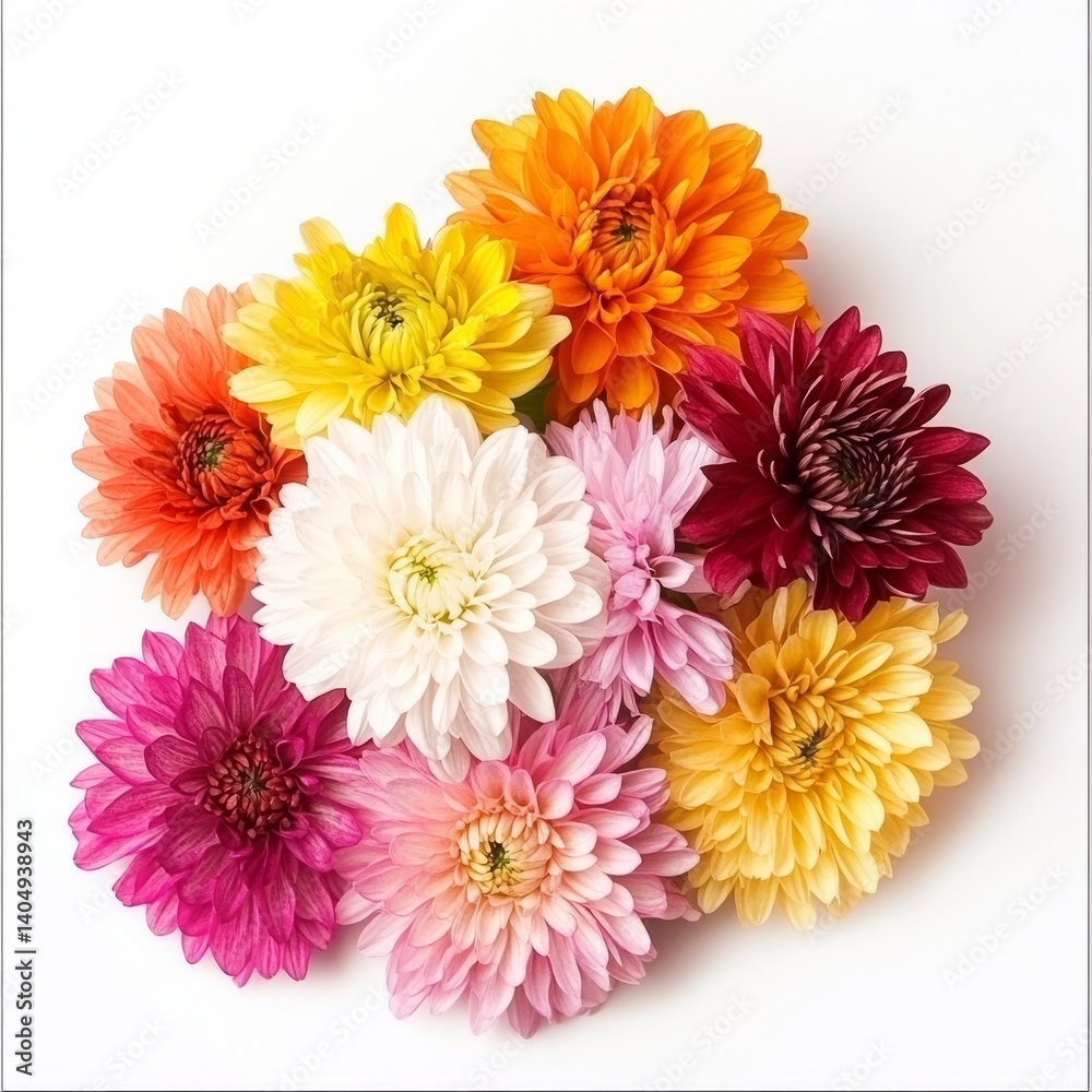 Chrysanthemums bloom in fall, vibrant against white.