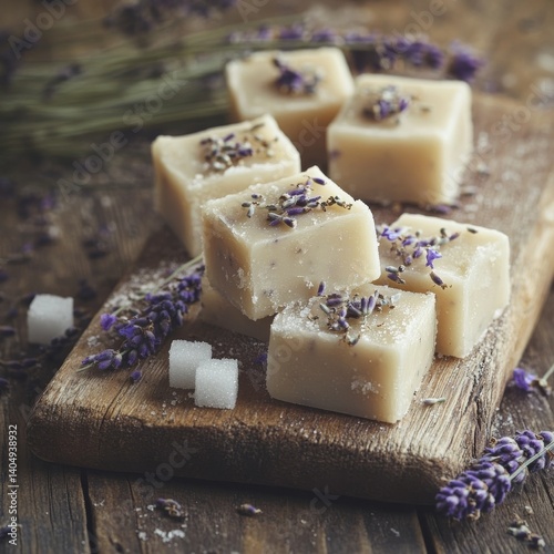 Obraz na płótnie Lavender fudge candies, creamy and homemade, on a vintage wood board with sugar and flowers. w salonie