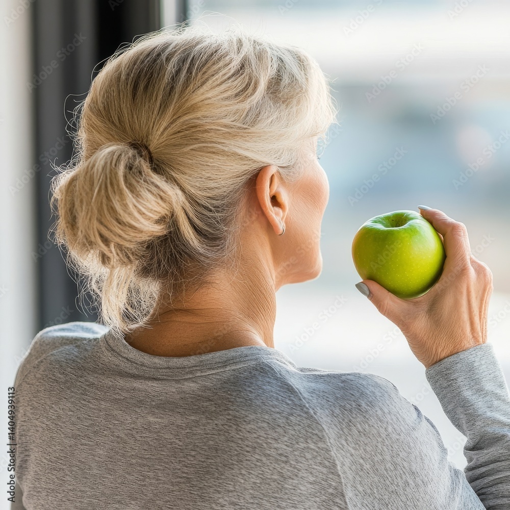 Healthy woman snacking on apple.