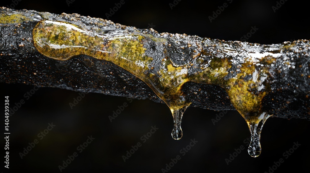 Amber Resin Dripping from a Tree Branch, Close-up Macro Photography Amber Resin Dripping from a Tree Branch, Close-up Macro Photography