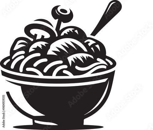 Silhouette vector of beef stroganoff served in a bowl with noodles or rice. Perfect for menu designs, food packaging, and traditional cuisine illustrations.
