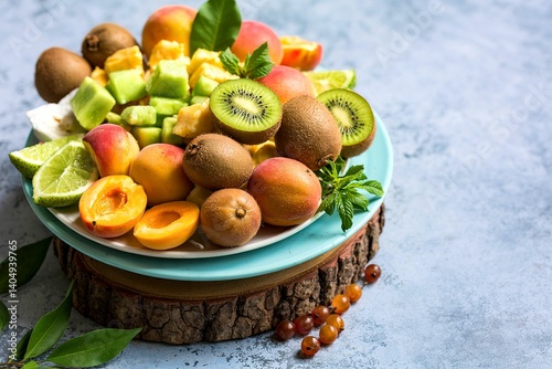 Tropical fruit plate with mango, apricots, longan and kiwi