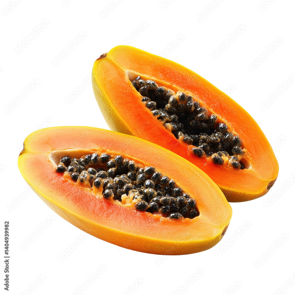 Freshly cut papaya halves with seeds isolated on a clean Transparent background for culinary use, papaya isolated on PNG background