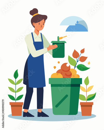 A restaurant owner separating food waste from their kitchen to be composted and turned into compost tea for the restaurants garden.. Vector illustration