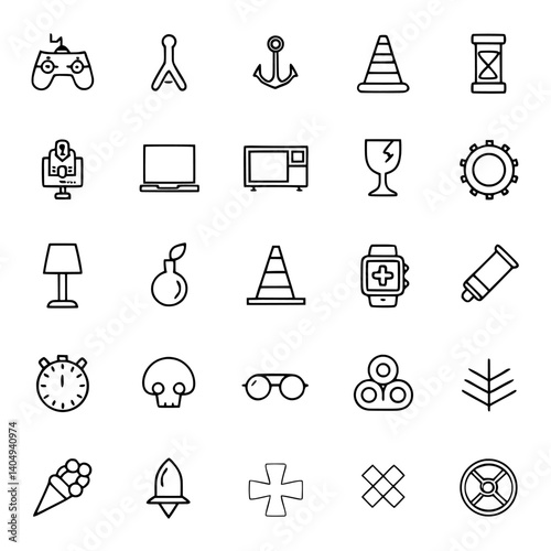 Collection of outline icons including game controller, anchor, cone, and various objects