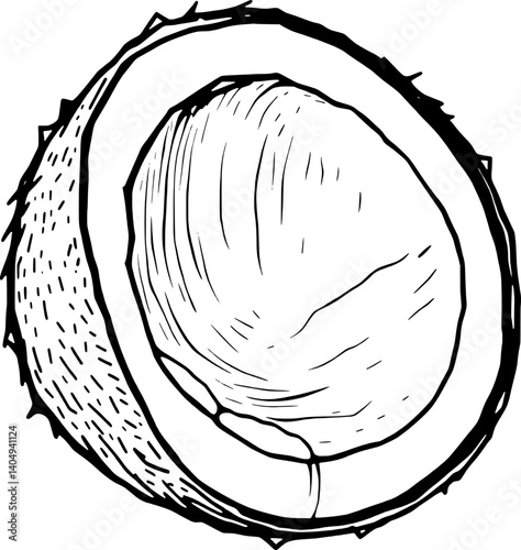 Hand-Drawn Illustration Of A Halved Coconut Showing Its Textured Shell And Creamy Interior