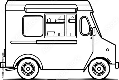Simple Line Drawing Of A Classic Food Truck With Serving Window