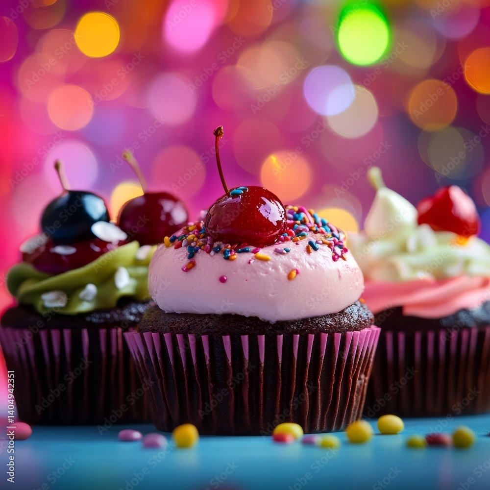 Sweet cakes, vibrant background, bokeh.